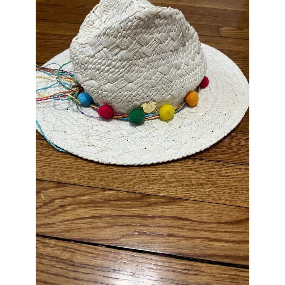 Betsey Johnson Straw Sun Hat Colorful Rainbow Trim One Size Cap Ivory EUC - Picture 4 of 11